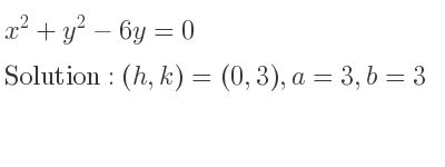 The solution to x^2+y^2-6y=0 is Ellipse with (h,k)=(0,3),a=3,b=3